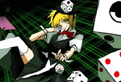  1other ace_(playing_card) ace_of_hearts ace_of_spades androgynous black_background black_hairband black_skirt black_vest blonde_hair bow bowtie buttons card closed_mouth coattails collar commentary dice dice_hair_ornament dress_shirt eye_of_senri feet_out_of_frame grid_background hair_ornament hairband happy heart highres holding holding_card len&#039;en looking_at_viewer miniskirt one_eye_covered other_focus otogisum3 playing_card pleated_skirt puffy_short_sleeves puffy_sleeves red_bow red_bowtie shirt short_hair short_sleeves skirt smile solo spade_(shape) symbol-only_commentary thigh-highs throwing traditional_bowtie vest white_shirt white_thighhighs white_wrist_cuffs wrist_cuffs xeno_a yellow_eyes 