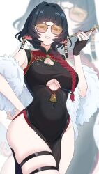 1girl animal_ears china_dress chinese_clothes jane_doe_(zenless_zone_zero) long_hair mouse_ears pipe sunglasses zenless_zone_zero