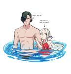  1boy 1girl abs black_hair breasts closed_mouth edelgard_von_hresvelg fire_emblem fire_emblem:_three_houses fire_emblem_heroes floof_n_wool hair_over_one_eye hair_ribbon highres hubert_von_vestra hug long_hair looking_at_viewer official_alternate_costume one-piece_swimsuit open_mouth red_swimsuit ribbon short_hair simple_background swimsuit violet_eyes water white_hair 