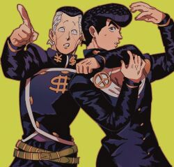  2boys arm_around_shoulder arms_up belt belt_buckle black_hair black_jacket black_pants brooch brown_belt buckle buttons collared_jacket commentary_request cowboy_shot diamond_wa_kudakenai dollar_sign gakuran grey_eyes grey_hair heart higashikata_josuke highres jacket jewelry jojo_no_kimyou_na_bouken long_sleeves looking_to_the_side male_focus multicolored_hair multiple_belts multiple_boys nijimura_okuyasu pants parted_lips peace_symbol pointing pompadour popped_collar school_uniform short_sideburns simple_background striped_belt sweat teeth tirauraja two-tone_hair yellow_background yen_sign 