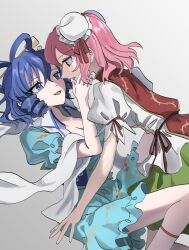  2girls absurdres blue_dress blue_eyes blue_hair double_bun dress eye_contact hagoromo hair_bun hair_rings highres ibaraki_kasen kaku_seiga looking_at_another multiple_girls pink_eyes pink_hair red_tabard shawl shirt smile tabard touhou uehara_suiyo white_shirt yuri 