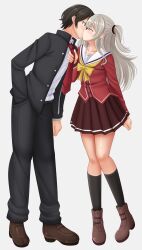  1boy 1girl ^_^ absurdres arm_at_side arm_behind_back assertive_female bare_legs black_pants black_socks blurry boots brown_boots brown_eyes brown_hair brown_skirt charlotte_(anime) clenched_hand closed_eyes clothes_grab collarbone commentary commission couple depth_of_field dutch_angle english_commentary full_body gakuran grey_hair hair_between_eyes hand_in_pocket hand_up hetero highres hoshinoumi_academy_school_uniform kazenokaze kiss kneehighs long_hair long_sleeves looking_at_another miniskirt neckerchief necktie necktie_grab neckwear_grab otosaka_yuu pants pleated_skirt profile sailor_collar school_uniform serafuku short_hair sidelocks simple_background skirt socks standing surprise_kiss surprised tomori_nao two_side_up white_background white_sailor_collar wide-eyed yellow_neckerchief 