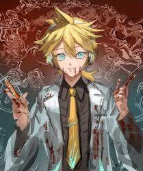  1boy aqua_eyes black_shirt blonde_hair blood blood_on_clothes blood_on_face blood_on_hands blue_eyes coat collared_shirt doctor grin headphones holding holding_syringe igaku_(utau) kagamine_len lab_coat looking_at_viewer male_focus necktie ponytail rminari74 scalpel shirt short_ponytail sketch smile solo spiky_hair syringe upper_body vocaloid white_coat yellow_necktie 