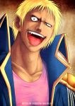  :d bellamy blonde_hair brown_eyes dark_skin dated kei-suwabe looking_at_viewer male one_piece open_mouth pink_shirt pirate scar smile solo tan tongue translation_request veins 