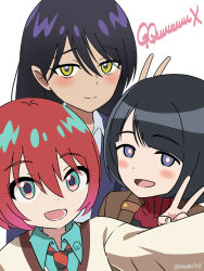  3girls akane_(akaneoekaki0928) amate_yuzuriha aqua_eyes aqua_shirt black_hair blue_eyes blush bright_pupils brown_jacket closed_mouth collared_shirt commentary gundam gundam_gquuuuuux hair_between_eyes highres jacket long_hair looking_at_viewer multiple_girls nyaan_(gundam_gquuuuuux) red_hair red_sweater school_uniform selfie shiiko_sugai shirt short_hair simple_background smile split_mouth sweater turtleneck turtleneck_sweater v white_background white_jacket white_pupils white_shirt 