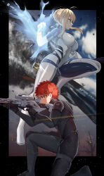  1boy 1girl absurdres artoria_pendragon_(fate) artoria_pendragon_(lancer)_(fate) braid braided_bun breasts crossover emiya_shirou fate/stay_night fate_(series) hair_bun highres large_breasts m-8_avenger mass_effect_(series) n7_armor non-web_source orange_hair red_hair shokobr trait_connection turtleneck 