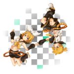  1girl arm_warmers blonde_hair blue_eyes brother_and_sister checkered checkered_background clo_ver hair_ornament hair_ribbon hairclip hand_holding holding_hands kagamine_len kagamine_rin leg_warmers navel ribbon short_hair shorts siblings smile twins vocaloid 