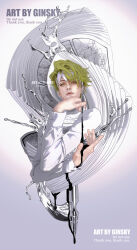  1boy absurdres artist_name cropped_torso diamond_wa_kudakenai echoes_(stand) ginsky2000 gradient_background green_eyes green_hair headband heaven's_door higashikata_josuke highres hirose_koichi holding holding_pen ink jojo_no_kimyou_na_bouken kishibe_rohan kujo_jotaro liquid looking_at_viewer male_focus map nib_pen_(object) pen shirt short_hair simple_background solo stand_(jojo) star_platinum watermark white_headband white_shirt 