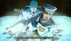  1boy 1other anime_coloring araki_hirohiko_(style) birthmark black_hair blood blood_from_mouth blue_neckerchief bruise cellphone clenched_teeth colored_teeth compass_rose dixie_cup_hat english_commentary facial_mark fake_screenshot filouvilou hat higashikata_josuke_(jojolion) highres indoors injury joestar_birthmark jojo_no_kimyou_na_bouken jojolion male_focus military_hat neckerchief obladi_oblada official_style orange_teeth pants partially_submerged phone rock sailor sailor_collar sailor_hat shirt smartphone soft_&amp;_wet sol-fa-soft stand_(jojo) star_(symbol) star_print subtitled teeth white_hat white_pants white_sailor_collar white_shirt yellow_eyes 