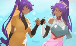  2girls absurdres artist_name bare_shoulders bleach bleach:_sennen_kessen-hen breasts breasts_out collarbone color_connection colored_inner_hair cosplay costume_switch crossover dark-skinned_female dark_skin detached_sleeves fingerless_gloves fist_bump gloves hair_color_connection hair_ornament highres instagram_username knowname large_breasts long_hair multicolored_hair multiple_girls onmyou_kaiten_re:birth parted_bangs patreon_username ponytail purple_hair shihouin_yoruichi shihouin_yoruichi_(cosplay) trait_connection twitter_username yellow_eyes yura_(onmyou_kaiten_re:birth) yura_(onmyou_kaiten_re:birth)_(cosplay) 