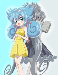  1girl aqua_eyes aqua_hair book dress dual_persona duel_masters frilled_dress frills fua_yuu_(duel_masters) hairband holding holding_book long_hair open_book open_mouth sideways_glance sincos sleeveless sleeveless_dress split_theme twintails very_long_hair yellow_dress 