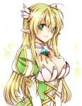  bad_id blonde_hair breasts corset detached_collar elsword green_eyes limble long_hair pointy_ears puffy_sleeves rena_(elsword) smile solo white_background 