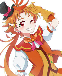  1boy ;d akane_(akaneoekaki0928) black_hat chromatic_aberration commentary cure_wing curtained_hair gloves grin hat highres hirogaru_sky!_precure layered_gloves long_hair looking_at_viewer low_ponytail magical_boy male_focus mini_hat mini_top_hat one_eye_closed orange_gloves orange_hair orange_vest ponytail precure puffy_short_sleeves puffy_sleeves red_eyes short_sleeves simple_background smile solo top_hat twitter_username upper_body very_long_hair vest white_background yellow_gloves yuunagi_tsubasa 