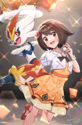  1girl 1other absurdres blush bracelet breasts brown_eyes brown_hair cinderace dress flower furry gloria_(anniversary_2025)_(pokemon) gloria_(pokemon) gonzarez hair_flower hair_ornament hairband highres holding holding_poke_ball jewelry official_alternate_costume open_mouth orange_dress poke_ball poke_ball_(basic) pokemon pokemon_(creature) pokemon_masters_ex shoes short_hair short_sleeves smile sparkle teeth terastallization upper_teeth_only white_dress white_hairband 