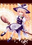  blonde_hair bow braid broom broom_riding dress hair_bow hal360 hat hat_bow kirisame_marisa light_smile sidesaddle single_braid sitting solo touhou witch witch_hat 