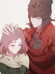  1boy 1girl ^_^ brother_and_sister capelet civ154 cloak closed_eyes closed_mouth elden_ring elden_ring:_shadow_of_the_erdtree fingernails green_jacket hand_on_another's_head helmet highres jacket long_hair medium_hair melina_(elden_ring) messmer_the_impaler red_cloak red_hair sharp_fingernails siblings simple_background smile twitter_username white_background white_capelet yellow_eyes 