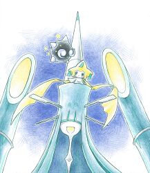  alternate_color celesteela closed_mouth commentary_request covered_eyes floating highres jirachi kokyuuki_(6345) minior minior_(core) on_head open_mouth outline pokemon pokemon_(creature) pokemon_on_head shiny_pokemon smile star_(symbol) traditional_media white_outline 