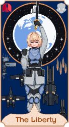  1girl blonde_hair card closed_eyes haiyorikairin helldivers_(series) highres microsoft_paint_(medium) pixel_art seaf_soldier_(helldivers) super_destroyer_(helldivers) super_earth_salute_(helldivers) 