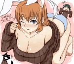  animal_ears bare_shoulders barefoot blue_eyes blue_panties blush breasts brown_hair bunny_ears charlotte_e_yeager cleavage fang francesca_lucchini huge_breasts long_hair maru_(maruttona) maruttona miyafuji_yoshika multiple_girls open_mouth panties ribbed_sweater silhouette_demon smile strike_witches sweater underwear wink 