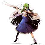  bandage bandages detached_sleeves frog_hair_ornament gohei green_eyes green_hair hair_ornament highres kochiya_sanae long_hair polearm shirt skirt solo touhou umigarasu_(kitsune1963) weapon wide_sleeves 