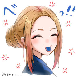  1girl :p ^_^ akane_(akaneoekaki0928) blonde_hair blue_kimono blue_tongue blush closed_eyes closed_mouth colored_tongue commentary gradient_hair hair_bun highres japanese_clothes kimono kitagawa_marin looking_at_viewer multicolored_hair orange_hair parted_hair simple_background single_hair_bun solo sono_bisque_doll_wa_koi_wo_suru tongue tongue_out twitter_username white_background yukata 