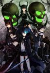  bikini_top black_gold_saw black_hair black_rock_shooter black_rock_shooter_(character) blue_eyes boots chain chains coat dead_master glowing glowing_eyes green_eyes highres hood horns iceky long_hair mechanical_arm midriff multiple_girls navel pale_skin red_eyes short_hair shorts smile strength_(black_rock_shooter) sword twintails weapon white_hair 
