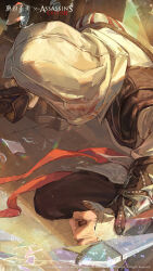  1boy absurdres assassin&#039;s_creed_(series) assassin&#039;s_creed_ii black_pants brown_cape brown_gloves cape copyright_name copyright_notice ezio_auditore_da_firenze facing_away from_above glass_shards gloves highres hood hood_up indoors jumping logo male_focus official_art official_wallpaper pants reverse:1999 side_cape single_glove solo stone_floor 