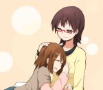  blush breast_pillow breasts brown_eyes brown_hair closed_eyes drooling eyes_closed female glasses hair_ornament hairclip hand_in_hair hand_on_head happy hirasawa_yui k-on! kagiana long_sleeves manabe_nodoka multiple_girls open_mouth red-framed_glasses saliva semi-rimless_glasses short_hair sitting skirt sleeping smile sweater under-rim_glasses 