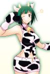  animal_cosplay bell belt breasts brown_eyes cow_cosplay green_hair hairband horns idolmaster midriff miyashiro_sousuke mole otonashi_kotori short_hair skirt smile solo star wink 