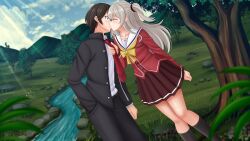  1boy 1girl ^_^ arm_at_side arm_behind_back assertive_female bare_legs black_pants black_socks blue_sky blurry brown_eyes brown_hair brown_skirt charlotte_(anime) clenched_hand closed_eyes clothes_grab clouds collarbone commentary commission couple day depth_of_field dutch_angle english_commentary gakuran grass grey_hair hair_between_eyes hand_in_pocket hand_up hetero highres hoshinoumi_academy_school_uniform kazenokaze kiss kneehighs long_hair long_sleeves looking_at_another miniskirt mountainous_horizon neckerchief necktie necktie_grab neckwear_grab otosaka_yuu outdoors pants pleated_skirt profile river sailor_collar scenery school_uniform serafuku short_hair sidelocks skirt sky socks sunlight surprise_kiss surprised tomori_nao tree two_side_up white_sailor_collar wide-eyed yellow_neckerchief 