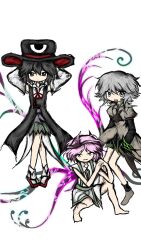  3others androgynous ankle_socks arms_behind_head bare_legs barefoot black_coat black_eyes black_hair black_hat black_kimono black_shorts black_socks boots brown_boots brown_coat child closed_mouth coat coattails collared_coat collared_shirt collared_socks detached_sleeves dot_nose dress energy_wings enraku_tsubakura expressionless eye_of_senri floating full_body green_hakama grey_eyes grey_hair hair_between_eyes hakama hakama_short_skirt hakama_skirt happy hat highres houlen_yabusame interlocked_fingers japanese_clothes jinbei_(clothes) jynx_(style) kimono lapels layered_sleeves len&#039;en light_frown long_sleeves looking_at_viewer medium_dress medium_hair multiple_others neck_ribbon notched_lapels official_style open_mouth other_focus own_hands_together parted_lips pink_eyes pink_hair pink_wings portal_(object) puffy_short_sleeves puffy_sleeves red_hat red_ribbon red_sandals renlei_jing_shi_wo_ziji ribbon sandals shion_(len&#039;en) shirt short_hair_with_long_locks short_kimono short_over_long_sleeves short_sleeves shorts sidelocks simple_background skirt sleeveless sleeveless_coat sleeveless_shirt smile socks squatting straight-on tabi top_hat triangular_headpiece two-sided_fabric two-sided_headwear white_background white_dress white_shirt white_sleeves white_socks wings zouri 