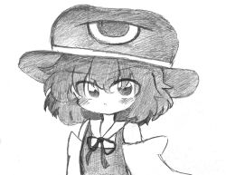  1other androogynous bare_shoulders coat collared_shirt detached_sleeves enraku_tsubakura expressionless eye_of_senri eyes_visible_through_hair graphite_(medium) greyscale hair_between_eyes hat highres len&#039;en light_blush light_frown long_sleeves megusany10 monochrome neck_ribbon other_focus parted_lips ribbon shirt short_hair simple_background sleeveless sleeveless_coat sleeveless_shirt solo top_hat traditional_media upper_body white_background 