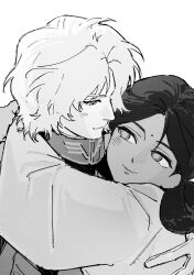  1boy 1girl absurdres arms_around_neck bindi char_aznable closed_mouth commentary couple dark-skinned_female dark_skin double_bun dress eye_contact gigantea_pp gloves greyscale gundam hair_bun hetero high_collar highres lalah_sune long_sleeves looking_at_another mobile_suit_gundam monochrome short_hair simple_background smile symbol-only_commentary upper_body wide_sleeves 
