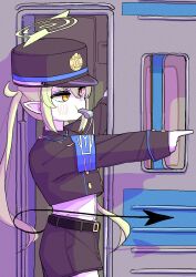  1girl absurdres armband belt black_hat black_jacket black_shorts blue_archive blue_armband blush commentary_request from_side green_hair hair_between_eyes halo hat highres jacket long_hair long_sleeves mouth_hold nickel_ni_plus nozomi_(blue_archive) orange_hair pantyhose pointing pointy_ears shirt shorts solo tail train twintails whistle whistle_around_neck white_pantyhose white_shirt 