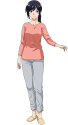  1girl anime_coloring ao_no_orchestra aono's_mother black_hair breasts closed_mouth collarbone full_body hand_up highres large_breasts looking_at_viewer low_ponytail morita_kazuaki official_art open_hand pants pink_shirt ponytail shirt sidelocks simple_background slippers smile solo standing tachi-e three-quarter_sleeves transparent_background white_pants yellow_slippers 