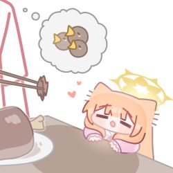  1girl baby_animal bird blue_archive blunt_bangs blush boned_meat chibi chick chopsticks closed_eyes food halo heart horuhara long_hair long_sleeves mari_(blue_archive) meat neck_ribbon open_mouth orange_hair pajamas pink_pajamas plate polka_dot polka_dot_pajamas ribbon shirt short_sleeves sleeves_past_wrists solo_focus speech_bubble thought_bubble white_shirt yellow_halo 