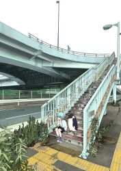  1girl absurdres animal bird black_shorts blue_eyes blue_hair blue_shoes grate halo hands_on_own_cheeks hands_on_own_face highres lamppost nickel_ni_plus original outdoors overpass penguin plant road scenery sewer_grate shirt shoes shorts sitting socks solo stairs white_shirt white_socks 