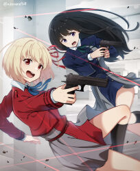  2girls :d absurdres akane_(akaneoekaki0928) black_hair black_socks blonde_hair blue_dress commentary dress gun hair_ribbon handgun highres holding holding_gun holding_weapon inoue_takina kneehighs laser_sight long_hair long_sleeves lycoris_recoil lycoris_uniform multiple_girls nishikigi_chisato open_mouth pleated_dress red_dress red_eyes red_ribbon ribbon short_dress short_hair smile socks violet_eyes weapon 