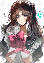  1boy absurdres anger_vein ayase_ayato_(imamiya_pinoko) black_hair blush bound bound_wrists brown_hair crossdressing crossdressing_(mtf) elbow_gloves gloves highres imamiya_pinoko long_hair maid maid_headdress male_maid original simple_background spoken_anger_vein sweatdrop translated trap twintails upper_body violet_eyes white_gloves 