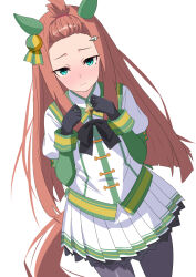  1girl alternate_hairstyle animal_ears bangs_pinned_back black_gloves black_pantyhose blue_eyes blush closed_mouth ear_covers gloves green_sleeves highres horse_ears horse_girl horse_tail long_hair looking_at_viewer orange_hair pantyhose saburo_(zwzf5873) shirt sidelocks silence_suzuka_(umamusume) skirt solo tail umamusume white_shirt white_skirt 