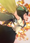  black_hair bow brown_eyes denchuu_akira foreshortening hair_bow long_hair open_mouth outstretched_arms reiuji_utsuho skirt smile solo spread_arms third_eye touhou weapon wings 