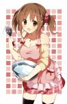  :d apron bare_shoulders bow bowl breasts brown_eyes brown_hair cleavage emyu fujishiro_emyu idolmaster idolmaster_cinderella_girls jewelry necklace open_mouth plaid skirt sleeves_pushed_up smile solo thighhighs totoki_airi twintails whisk zettai_ryouiki 