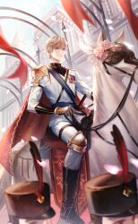  1boy armor artist_request barding belt black_belt black_boots black_shirt blonde_hair blue_eyes blue_sash blue_sky boots bracer cape chest_belt closed_mouth day dress_pants feathers flower full_body game_cg gauntlets hair_between_eyes highres holding holding_reins horseback_riding jacket knee_pads loen_(shining_nikki) looking_ahead male_focus medal military_uniform nikki_(series) official_art outdoors pants pauldrons petals pink_flower pink_rose red_cape reins riding rose saddle sash sheath sheathed shining_nikki shirt short_hair shoulder_armor single_pauldron sky smile solo_focus sword thigh_belt thigh_strap town turtleneck turtleneck_shirt weapon white_jacket white_pants 