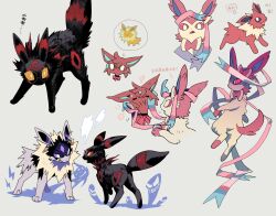  2boys 2girls acrobatic_silky_(dandadan) animalization ayase_momo black_choker black_fur bow bowtie brown_fur choker colored_sclera crossed_bangs dandadan earrings enjoji_jin espeon evil_eye_(dandadan) facial_mark full_body glasses grey_background highres jewelry jolteon kai_(huikuai2) looking_at_another multiple_boys multiple_girls multiple_views no_humans pink_sclera pokemon pokemon_(creature) pokemon_focus red_bow red_bowtie red_sclera round_eyewear shiratori_aira_(dandadan) simple_background spiky_hair squeezing_cheeks sylveon takakura_ken_(dandadan) takakura_ken_(transformed)_(dandadan) third_eye umbreon upper_body 