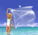  bird blonde_hair closed_eyes cloud eyes_closed feet_in_water one-piece_swimsuit open_mouth original p-gin seagull shawl short_hair sky smile soaking_feet solo swimsuit tan thigh_gap translucent wading water 