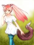  :d animal_ears fangs finger_to_mouth grass green_eyes hal360 long_hair open_mouth original pink_hair ponytail smile solo tail walking wolf_ears wolf_tail 
