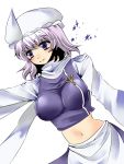  hat highres large_breasts lavender_hair letty_whiterock midriff navel onjin0110 polearm purple_eyes scarf short_hair smile solo touhou trident violet_eyes weapon 