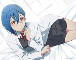  1girl :d akane_(akaneoekaki0928) blue_hair blush breasts collared_shirt commentary crossed_bangs dress dress_shirt grey_dress grin hair_between_eyes highres lab_coat looking_at_viewer love_live! love_live!_superstar!! lying medium_breasts neck_ribbon on_side orange_eyes pinafore_dress pleated_dress red_ribbon ribbon school_uniform shirt short_dress short_hair sleeveless sleeveless_dress smile solo wakana_shiki white_shirt yuigaoka_school_uniform 