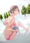  barefoot bikini brown_hair copyright_request dated highres judasjen pool poolside smile solo swimsuit tree undressing 