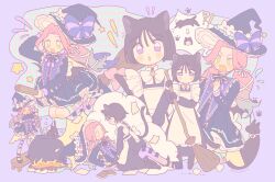  ! !! !? 2girls alien_stage alternate_costume animal_ears apron bell black_bow black_bowtie black_cat black_dress black_gloves blue_hair bow bowtie broom cat cat_ears cat_girl cat_tail cauldron coldmeow collar commentary dress english_commentary frilled_apron frills girl_on_top gloves gradient_hair green_eyes hair_ribbon hat hat_bow highres holding holding_broom holding_wand long_hair low_twintails maid maid_apron mizi_(alien_stage) multicolored_hair multiple_girls neck_bell open_mouth pink_hair purple_bow purple_collar ribbon short_hair star_(symbol) sua_(alien_stage) tail twintails two-tone_hair violet_eyes wand white_apron white_bow white_bowtie white_ribbon witch witch_hat yuri 